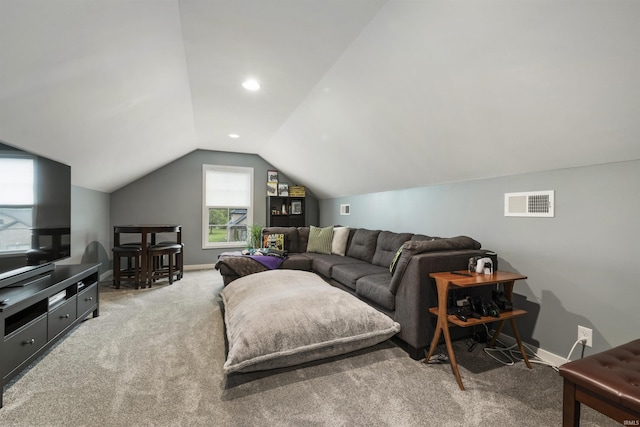 1215 Ladbrooke Dr, Evansville, IN 47725 - living area featuring light colored carpet, lofted ceiling, baseboards, and recessed lighting