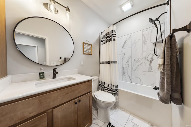 1215 Ladbrooke Dr, Evansville, IN 47725 - full bathroom with marble finish flooring, vanity, toilet, and shower / bathtub combination with curtain