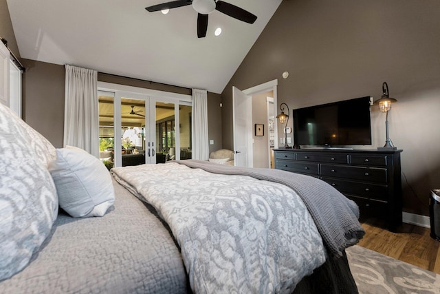 15306 Covington Rd, Fort Wayne, IN 46814 - bedroom with access to outside, wood finished floors, high vaulted ceiling, a ceiling fan, and recessed lighting