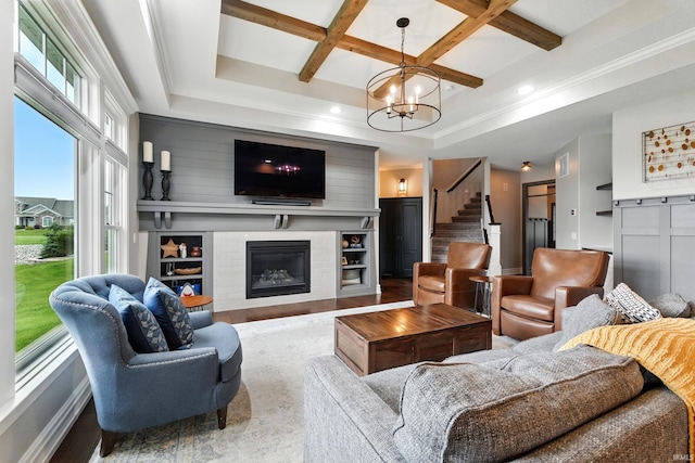 284 Savo Rock Ct, Fort Wayne, IN 46845 - living room featuring a chandelier, stairway, coffered ceiling, baseboards, and recessed lighting