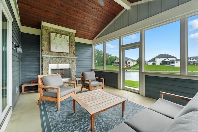 284 Savo Rock Ct, Fort Wayne, IN 46845 - sunroom / solarium with a water view, an outdoor living space with a fireplace, wood ceiling, a residential view, and wood walls