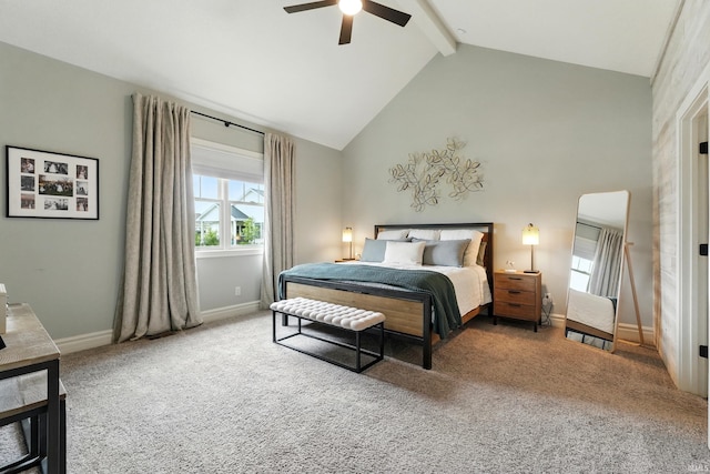 284 Savo Rock Ct, Fort Wayne, IN 46845 - carpeted bedroom featuring beam ceiling, high vaulted ceiling, baseboards, and ceiling fan