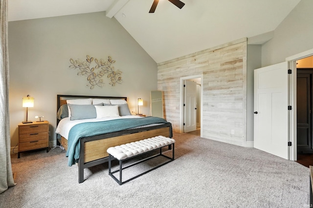 284 Savo Rock Ct, Fort Wayne, IN 46845 - bedroom featuring high vaulted ceiling, wooden walls, carpet floors, beamed ceiling, and a ceiling fan