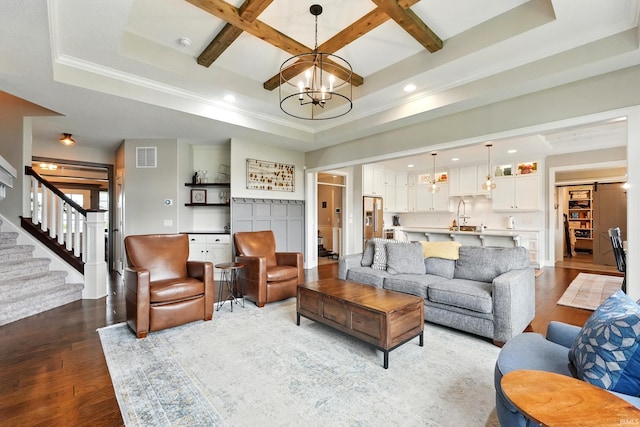 284 Savo Rock Ct, Fort Wayne, IN 46845 - living area with a chandelier, wood finished floors, recessed lighting, stairs, and coffered ceiling
