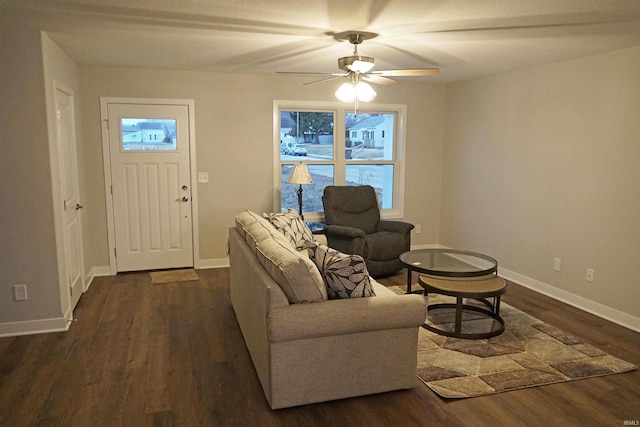 19 Conner St, Wabash, IN 46992 - living area with dark wood-style flooring, ceiling fan, and baseboards