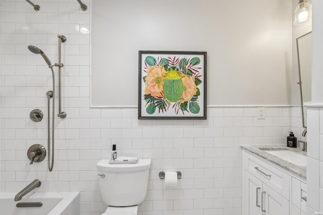 5987 E 100 N, Franklin, IN 46131 - bathroom featuring tile walls, vanity, toilet, and shower / washtub combination