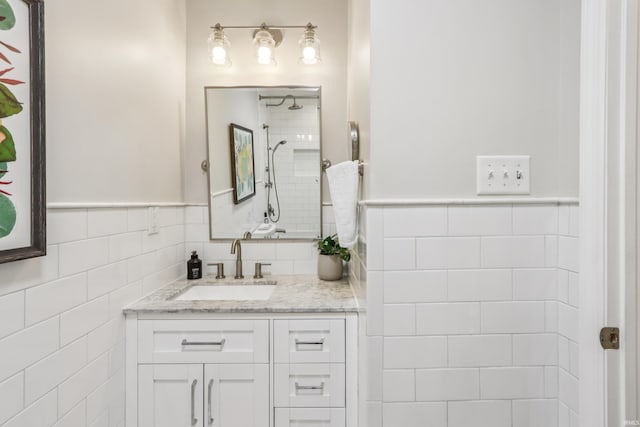 5987 E 100 N, Franklin, IN 46131 - bathroom featuring tile walls, vanity, and tiled shower