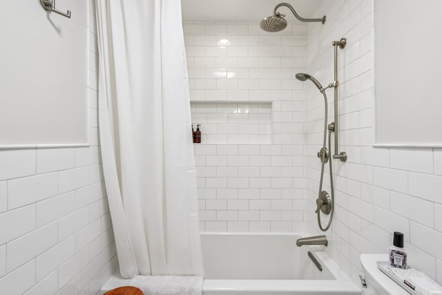 5987 E 100 N, Franklin, IN 46131 - bathroom with shower / bathtub combination with curtain, tile walls, and toilet