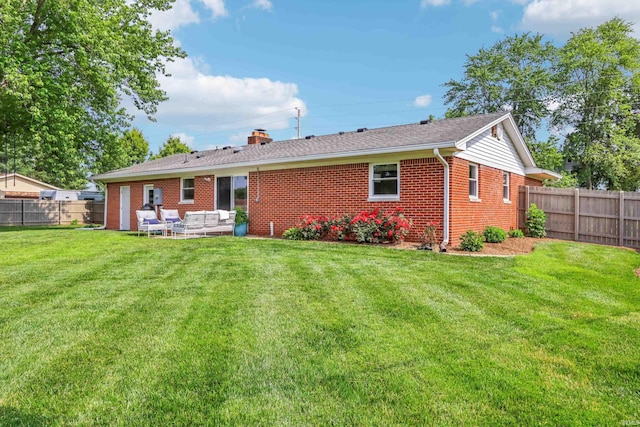 5987 E 100 N, Franklin, IN 46131 - rear view of property with brick siding, a chimney, an outdoor hangout area, and a patio