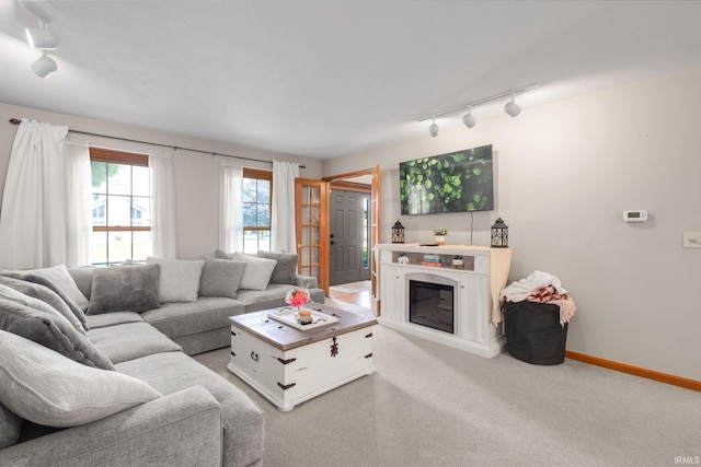 58679 Baugo Xing, Elkhart, IN 46517 - living room featuring rail lighting, a high end fireplace, and carpet flooring
