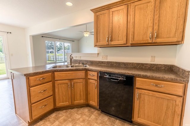 2502 Trillium Cv, Huntertown, IN 46748 - kitchen with dishwasher, a sink, dark countertops, a peninsula, and brown cabinetry