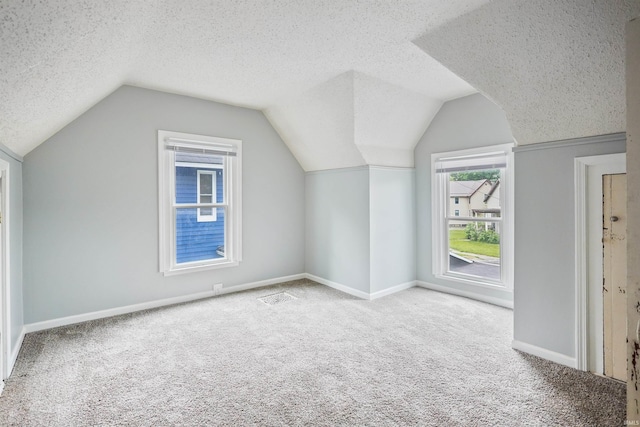 618 N Lake St, Warsaw, IN 46580 - additional living space featuring carpet, vaulted ceiling, baseboards, and a textured ceiling