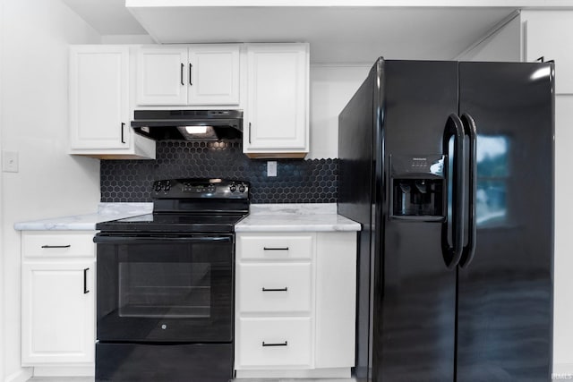 4654 Schmucker Dr, Fort Wayne, IN 46835 - kitchen with black appliances, exhaust hood, decorative backsplash, and white cabinetry