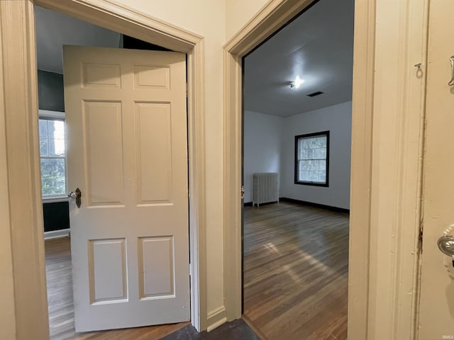 5425 Lincoln Ave, Evansville, IN 47715 - corridor with radiator heating unit, dark wood-style flooring, baseboards, and healthy amount of natural light