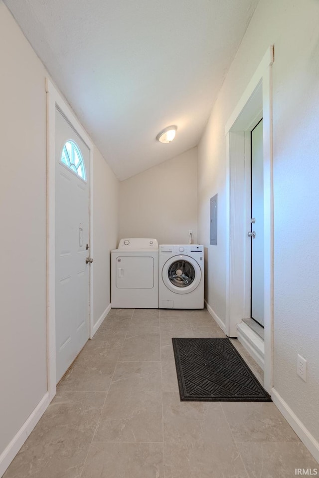 8694 W 1000 S Unit 35, Lafontaine, IN 46940 - laundry area featuring washing machine and clothes dryer, electric panel, baseboards, and tile patterned floors