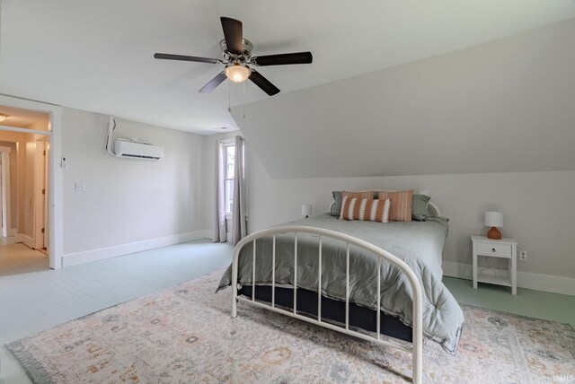 8694 W 1000 S Unit 35, Lafontaine, IN 46940 - bedroom with an AC wall unit, a ceiling fan, baseboards, and lofted ceiling