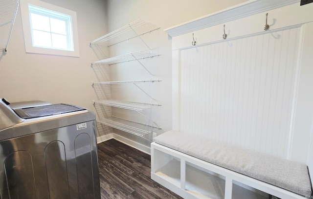 916 Cameo Dr, Evansville, IN 47711 - laundry area with dark wood-style flooring and washing machine and dryer