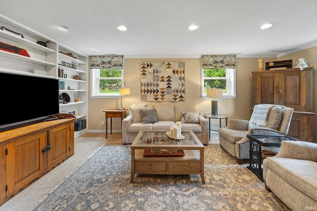 3709 Capilano Dr, West Lafayette, IN 47906 - living room with ornamental molding, plenty of natural light, recessed lighting, baseboards, and light colored carpet