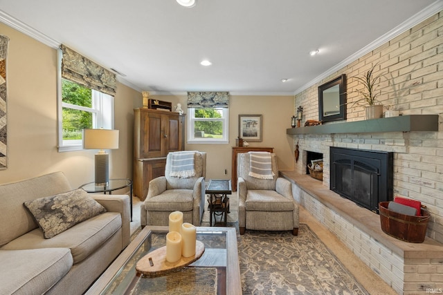 3709 Capilano Dr, West Lafayette, IN 47906 - living area with healthy amount of natural light, a brick fireplace, ornamental molding, wood finished floors, and recessed lighting