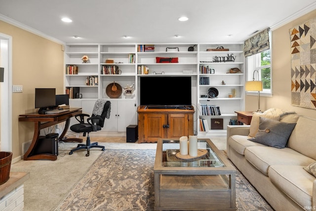 3709 Capilano Dr, West Lafayette, IN 47906 - living area featuring ornamental molding, carpet flooring, an office area, recessed lighting, and baseboards