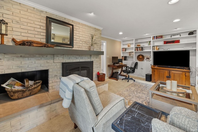 3709 Capilano Dr, West Lafayette, IN 47906 - carpeted living room with a fireplace, ornamental molding, a desk, recessed lighting, and built in shelves