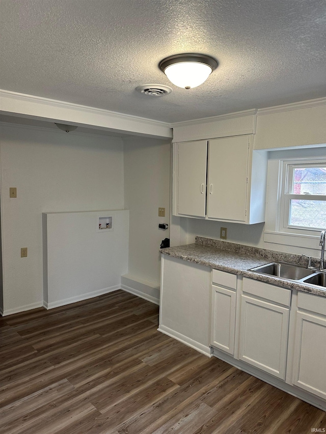 3912 E Fleming Ave, Fort Wayne, IN 46806 - kitchen featuring a sink, a textured ceiling, dark wood-type flooring, ornamental molding, and white cabinetry