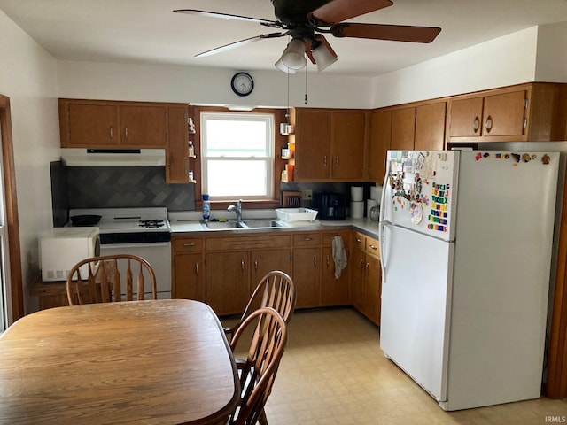 305 N Lincoln Ave, Fowler, IN 47944 - kitchen featuring white appliances, a sink, a ceiling fan, brown cabinets, and under cabinet range hood