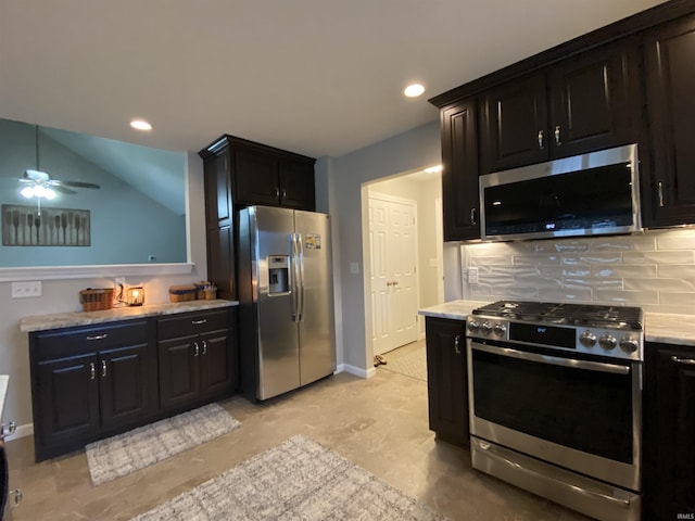 4310 E Duffy Dr, Syracuse, IN 46567 - kitchen featuring stainless steel appliances, light countertops, decorative backsplash, recessed lighting, and a ceiling fan