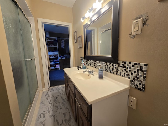 220 W Main St, Greentown, IN 46936 - full bathroom with marble finish floors, a shower with shower door, and vanity