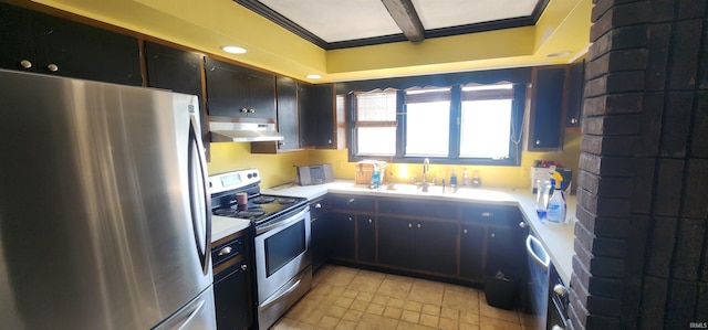 5002 Canterbury Dr, Fort Wayne, IN 46835 - kitchen featuring appliances with stainless steel finishes, a sink, under cabinet range hood, and light countertops