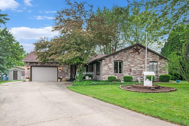 1358 Penny Ln, Nappanee, IN 46550 - view of front of house with stone siding, concrete driveway, an attached garage, and a front lawn