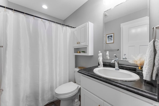 16995 Hatstick Ct, Fort Wayne, IN 46845 - bathroom with vanity, toilet, recessed lighting, and a shower with shower curtain