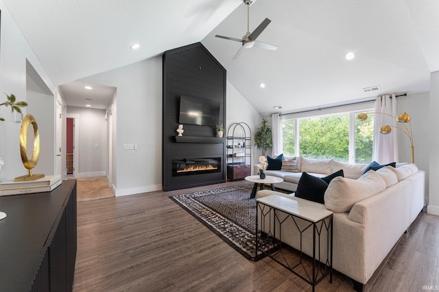 16995 Hatstick Ct, Fort Wayne, IN 46845 - living room featuring ceiling fan, high vaulted ceiling, a large fireplace, wood finished floors, and recessed lighting