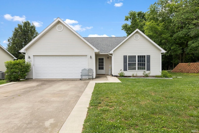 5405 N Andrea Dr, Bloomington, IN 47404 - ranch-style home featuring an attached garage, a front lawn, driveway, central air condition unit, and a shingled roof