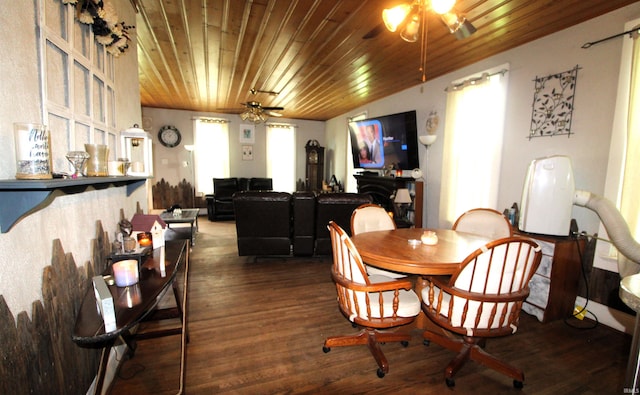 102 E Howard St, Galveston, IN 46932 - dining area featuring ceiling fan, wood finished floors, and wood ceiling