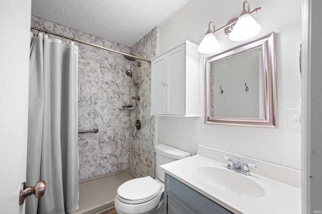 6521 Snug Harbour Ln, Unionville, IN 47468 - bathroom featuring toilet, a tile shower, vanity, and a textured ceiling