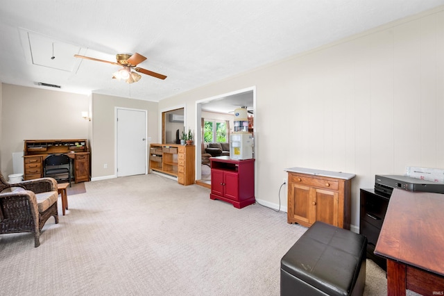 6521 Snug Harbour Ln, Unionville, IN 47468 - living area with attic access, ceiling fan, baseboards, and light carpet