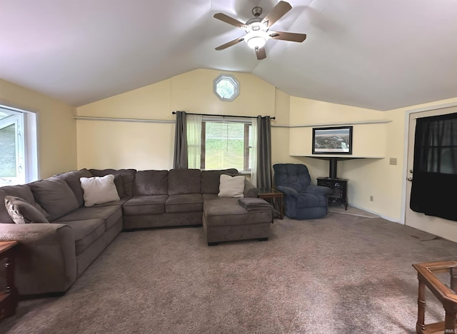 302 S Edgewood Dr, Ellettsville, IN 47429 - carpeted living room with ceiling fan and lofted ceiling