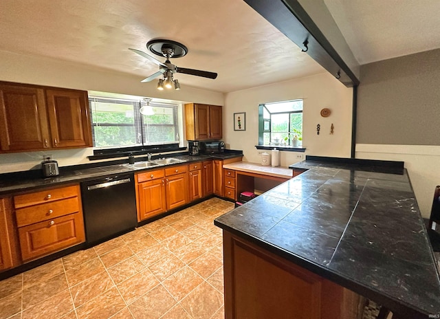 302 S Edgewood Dr, Ellettsville, IN 47429 - kitchen with dishwashing machine, a sink, brown cabinetry, a ceiling fan, and a peninsula