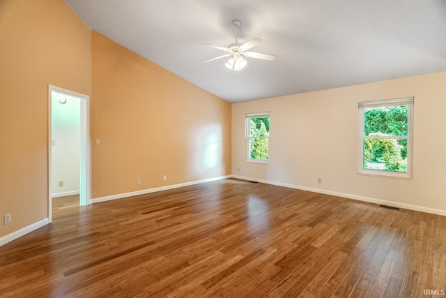 4331 Hadley Ct, West Lafayette, IN 47906 - unfurnished room with a ceiling fan, wood finished floors, baseboards, and high vaulted ceiling