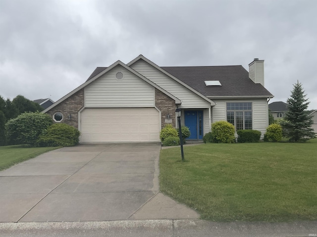 404 Ridge Ct, Ossian, IN 46777 - view of front of property with a chimney, a front lawn, a garage, concrete driveway, and brick siding