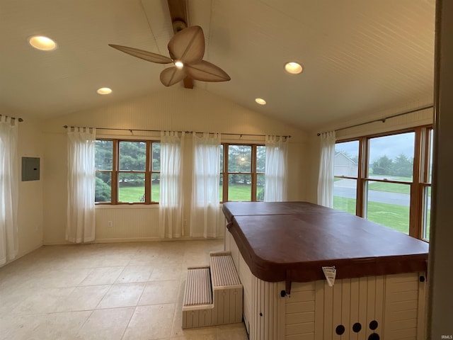 404 Ridge Ct, Ossian, IN 46777 - dining space featuring a ceiling fan, lofted ceiling, healthy amount of natural light, recessed lighting, and electric panel