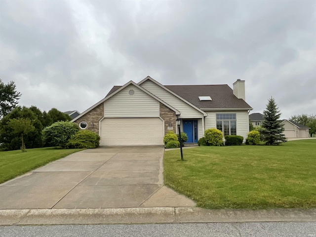 404 Ridge Ct, Ossian, IN 46777 - view of front of home with a front yard, a chimney, an attached garage, and concrete driveway