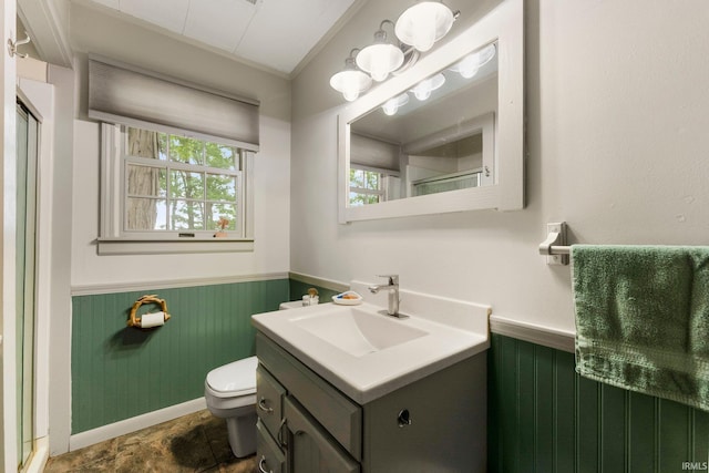 2905 E Mowrey Rd, Columbia City, IN 46725 - full bath featuring wainscoting, vanity, a shower with door, toilet, and wooden walls