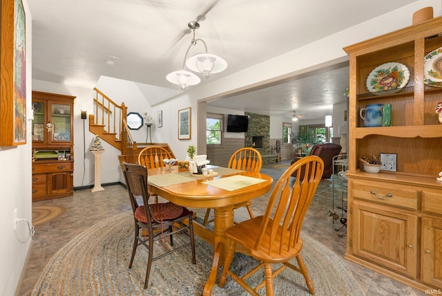 2905 E Mowrey Rd, Columbia City, IN 46725 - dining space with stairway, a ceiling fan, and baseboards