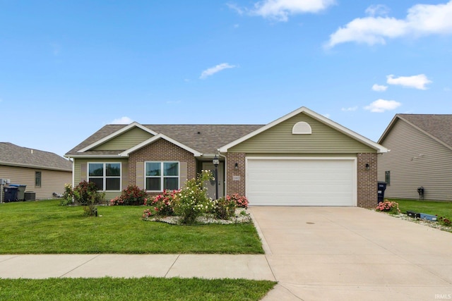 2082 Hemlock Ln, Warsaw, IN 46580 - ranch-style home with brick siding, an attached garage, concrete driveway, a front yard, and roof with shingles