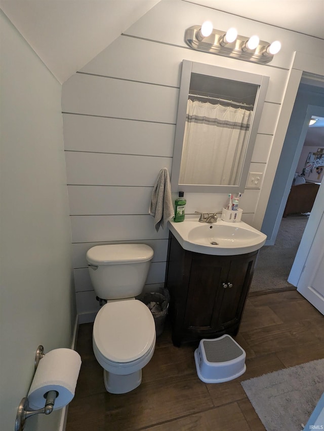 664 Columbia St, Berne, IN 46711 - bathroom featuring wood finished floors, vanity, toilet, and vaulted ceiling