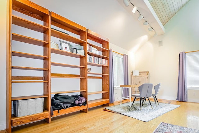 2910 W Devon Rd, Muncie, IN 47304 - office featuring track lighting, vaulted ceiling, wood finished floors, plenty of natural light, and baseboards