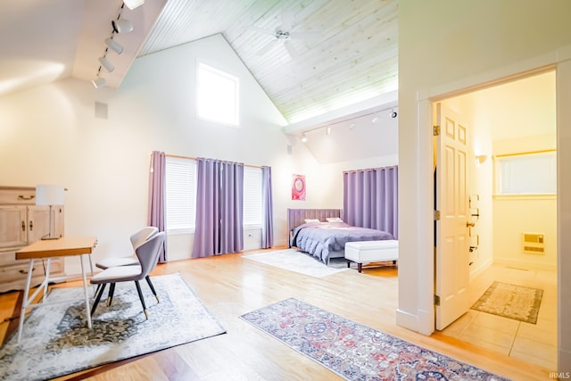 2910 W Devon Rd, Muncie, IN 47304 - bedroom featuring rail lighting, wood finished floors, high vaulted ceiling, baseboards, and ensuite bathroom