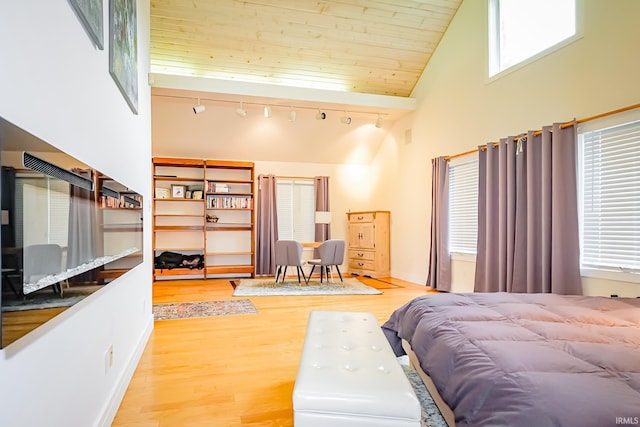 2910 W Devon Rd, Muncie, IN 47304 - bedroom featuring wood finished floors, high vaulted ceiling, and wood ceiling
